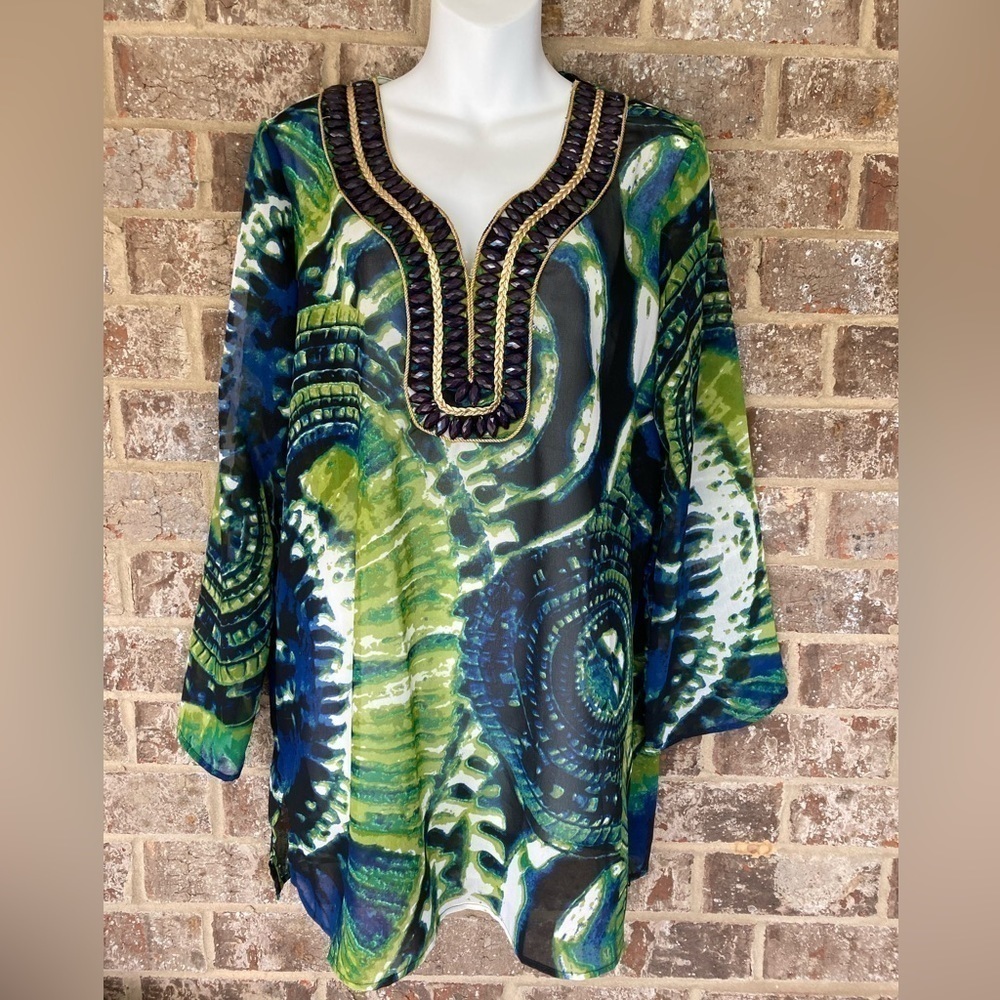 Andrea Jovine Womens Tunic Top Size L Beaded Neckline Colorful Boho NWT